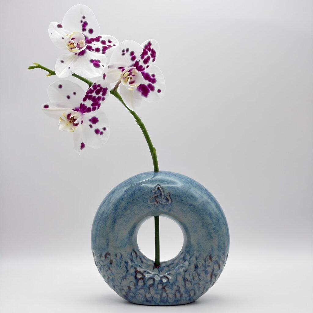 Small handmade ceramic ring vase in blue rutile glaze, Isle of Man pottery by JFC Ceramics