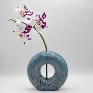 Small handmade ceramic ring vase in blue rutile glaze, Isle of Man pottery by JFC Ceramics