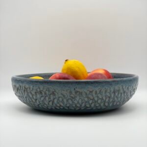 Large handmade ceramic fruit bowl with textured design in blue rutile glaze, JFC Ceramics Isle of Man