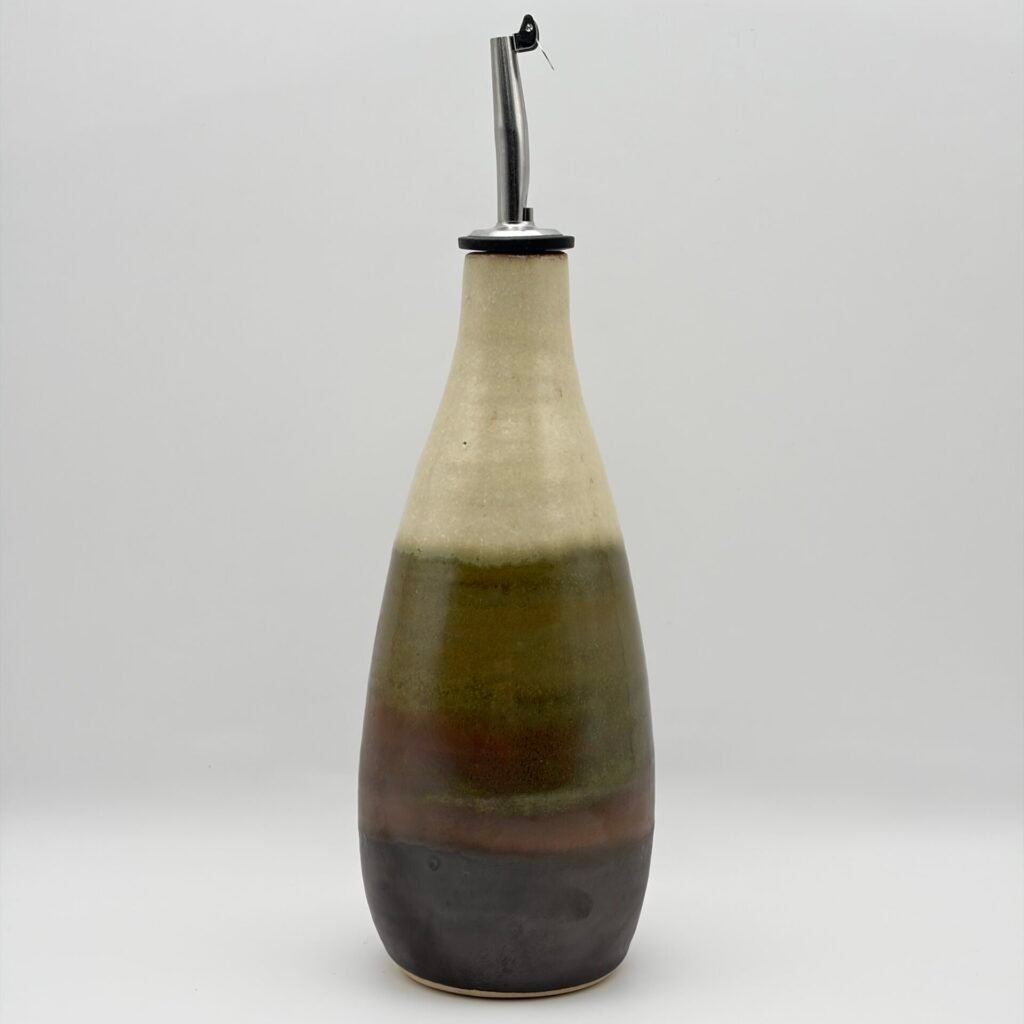 Handmade ceramic oil pourer in pear shape, olive green glaze, Isle of Man pottery by JFC Ceramics