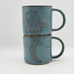 Coffee Mug Pair. Whale Shark Design. Blue Rutile.